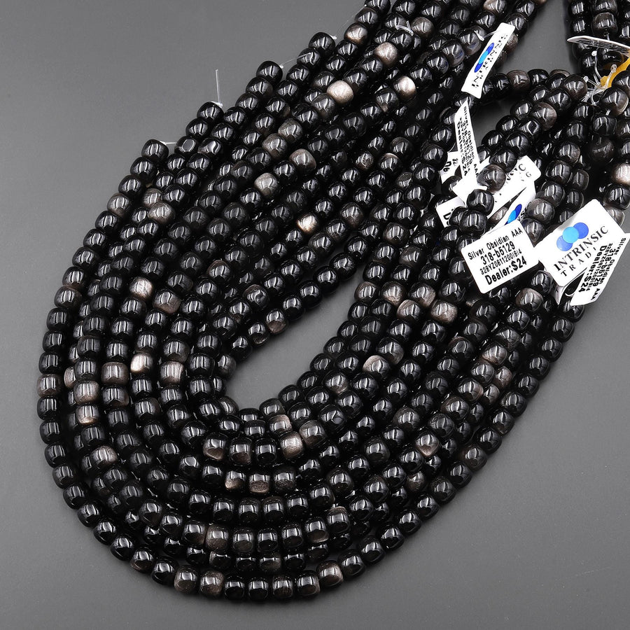 AAA Natural Silver Obsidian Smooth Short Barrel Cylinder Wheel Beads 8mm 10mm 15.5" Strand