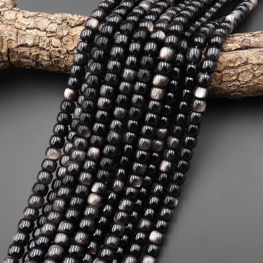 AAA Natural Silver Obsidian Smooth Short Barrel Cylinder Wheel Beads 8mm 10mm 15.5" Strand