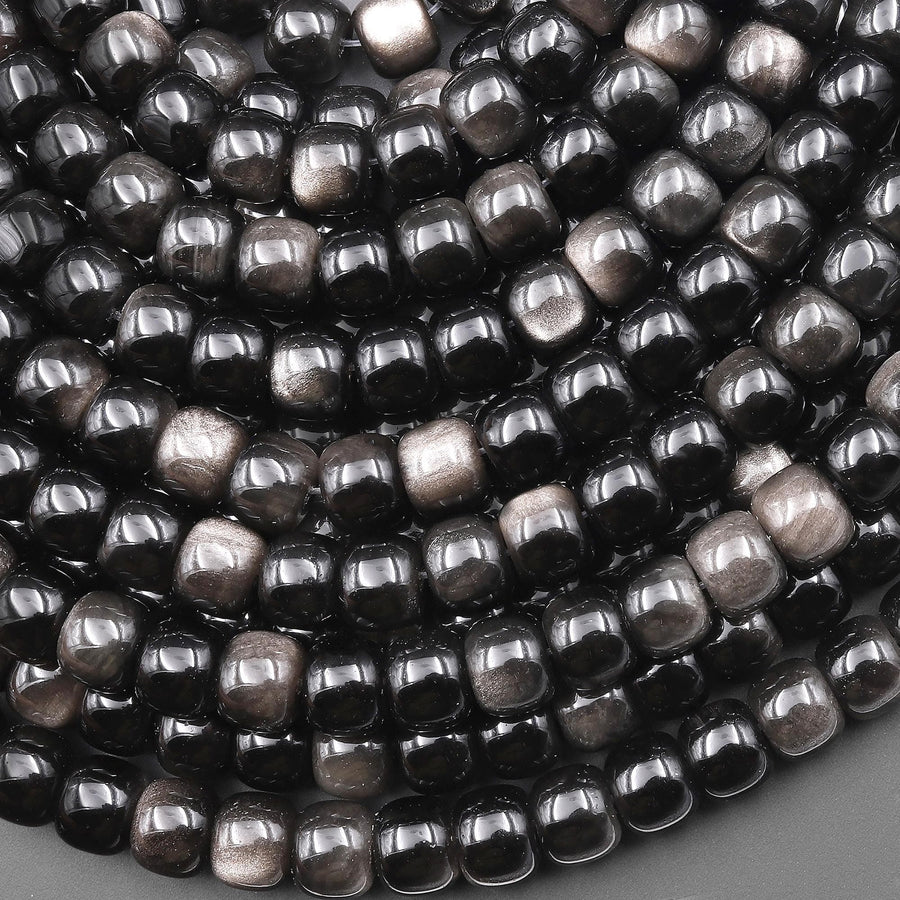AAA Natural Silver Obsidian Smooth Short Barrel Cylinder Wheel Beads 8mm 10mm 15.5" Strand