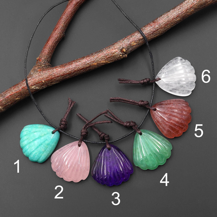 Set of 6 Pendants Natural Gemstone Sea Shell Carved Peruvian Amazonite Rose Quartz Amethyst Aventurine Strawberry Quartz Rock Crystal