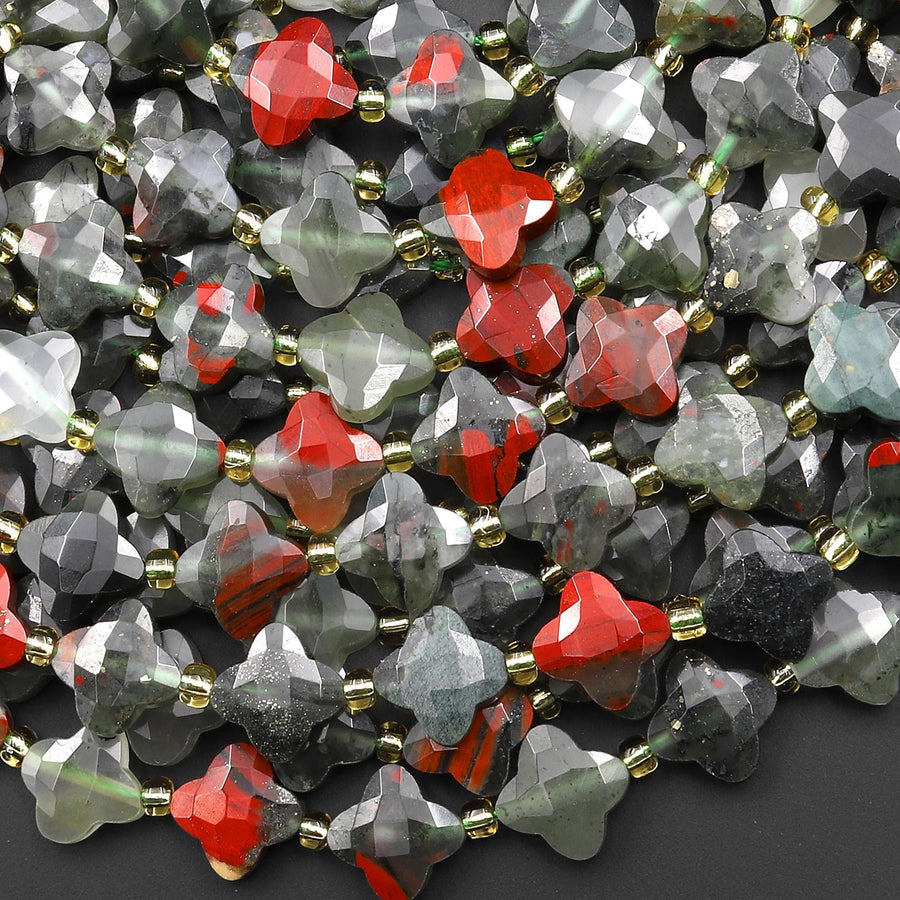 Four Leaf Clover 10mm Beads Natural African Bloodstone Carved Faceted Flower Gemstone 15.5" Strand
