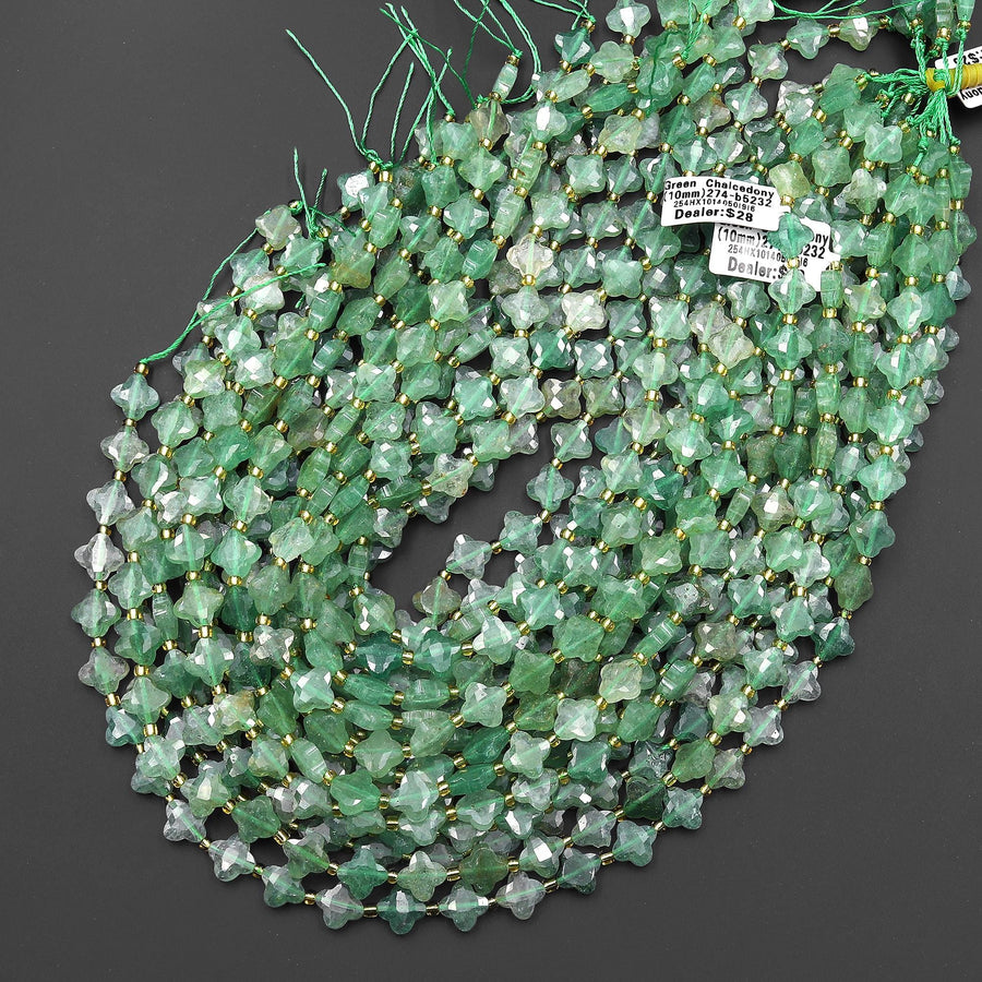 Four Leaf Clover 10mm Beads Natural African Green Chalcedony Carved Faceted Flower Gemstone 15.5" Strand