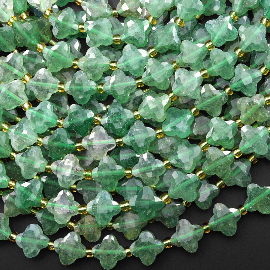 Four Leaf Clover 10mm Beads Natural African Green Chalcedony Carved Faceted Flower Gemstone 15.5" Strand