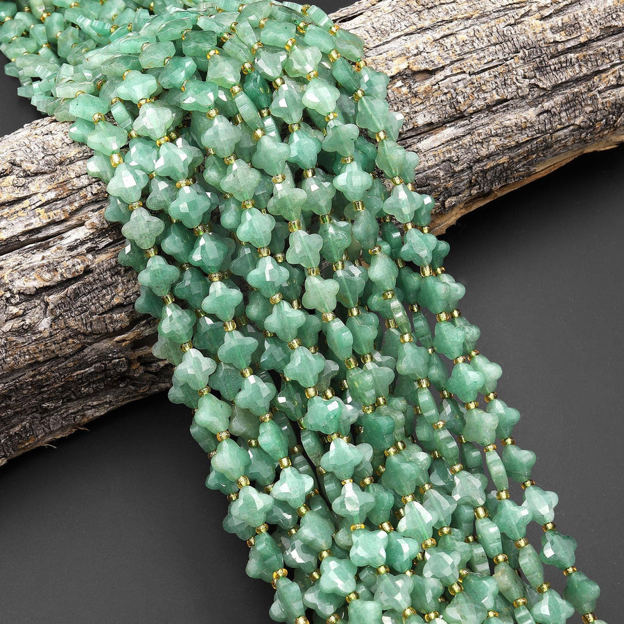 Four Leaf Clover 10mm Beads Natural Green Aventurine Carved Faceted Flower Gemstone 15.5" Strand
