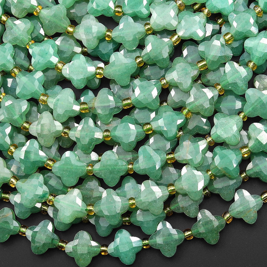Four Leaf Clover 10mm Beads Natural Green Aventurine Carved Faceted Flower Gemstone 15.5" Strand