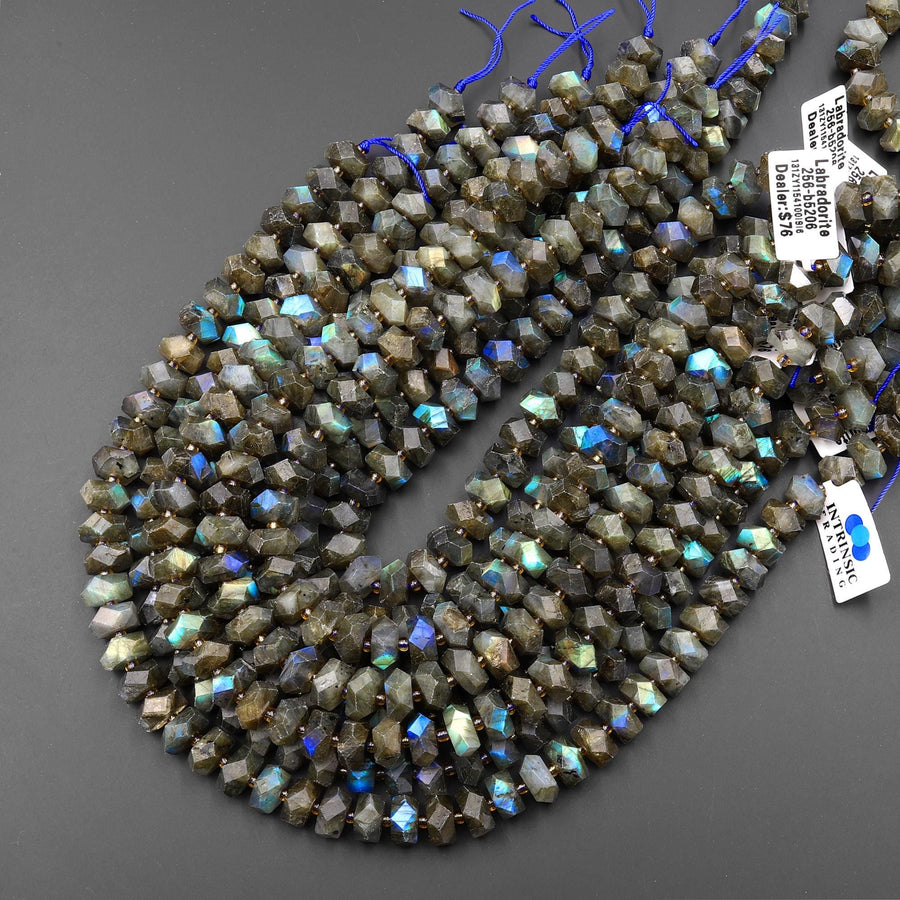 AAA Faceted Natural Labradorite Chiseled Geometric Rectangle Nugget Rondelle Beads 12mm 15.5" Strand