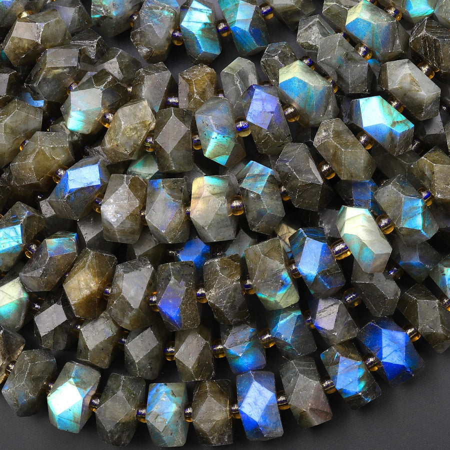 AAA Faceted Natural Labradorite Chiseled Geometric Rectangle Nugget Rondelle Beads 12mm 15.5" Strand