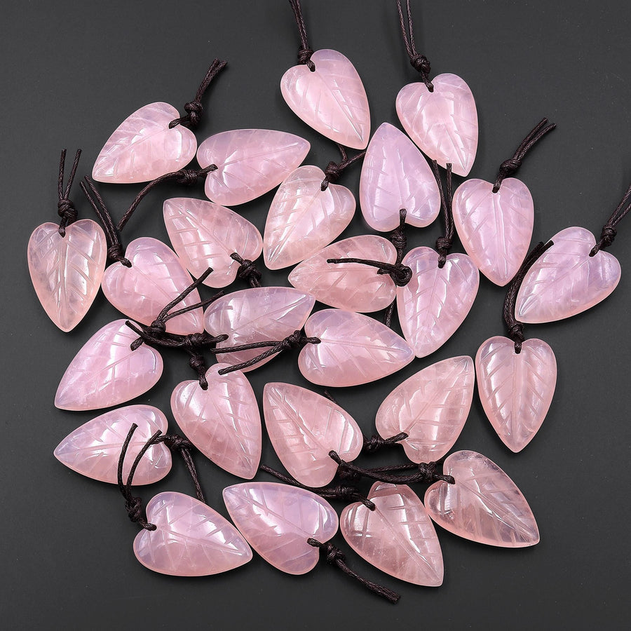 Hand Carved Natural Pink Rose Quartz Elongated Heart Shaped Leaf Pendant Drilled Gemstone 3D