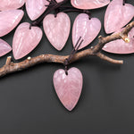 Hand Carved Natural Pink Rose Quartz Elongated Heart Shaped Leaf Pendant Drilled Gemstone 3D
