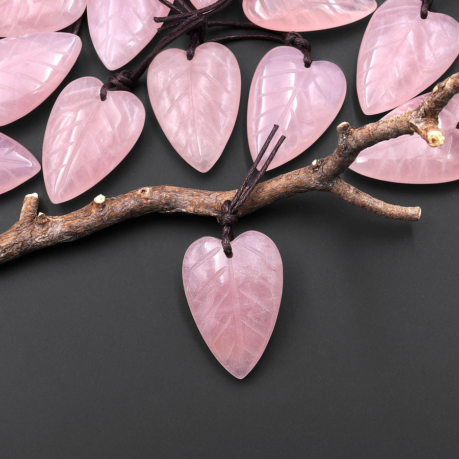 Hand Carved Natural Pink Rose Quartz Elongated Heart Shaped Leaf Pendant Drilled Gemstone 3D