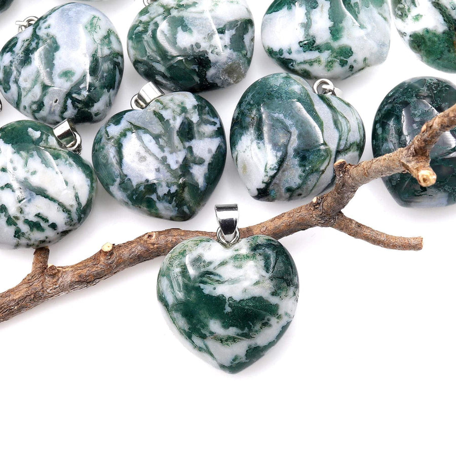 AAA Natural Moss Agate Pendant Puffy Heart 30mm Gemstone A1