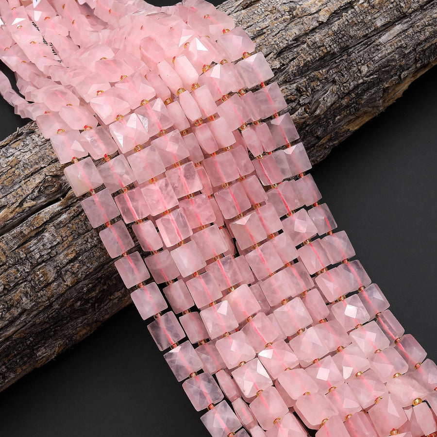 AAA Faceted Natural Pink Rose Quartz Beads 10mm Square Cushion 15.5" Strand