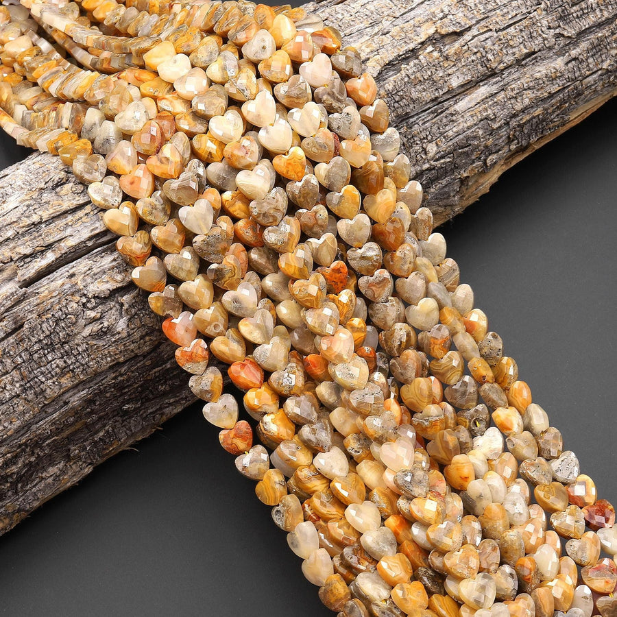 AAA Faceted Natural Yellow Crazy Lace Agate Carved Heart Beads 8mm Gemstone 15.5" Strand