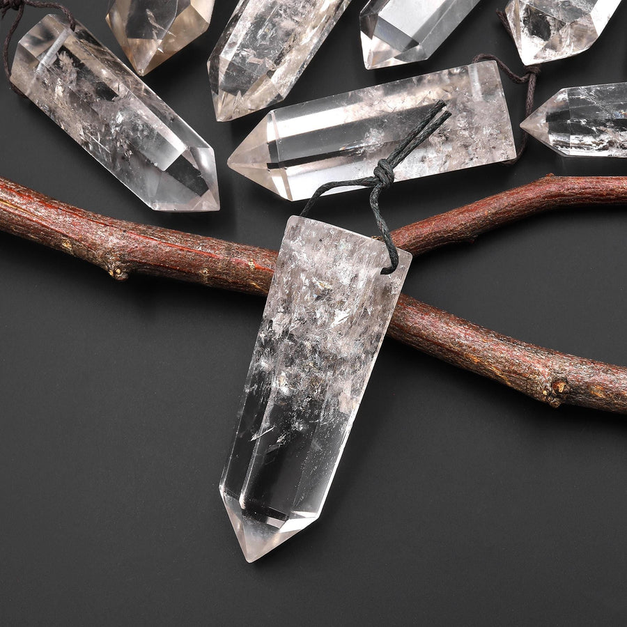 Natural Cloudy Rock Quartz Pendant Top Side Drilled Point Tower Pendulum Gemstone Crystal Focal Bead B0946 A3