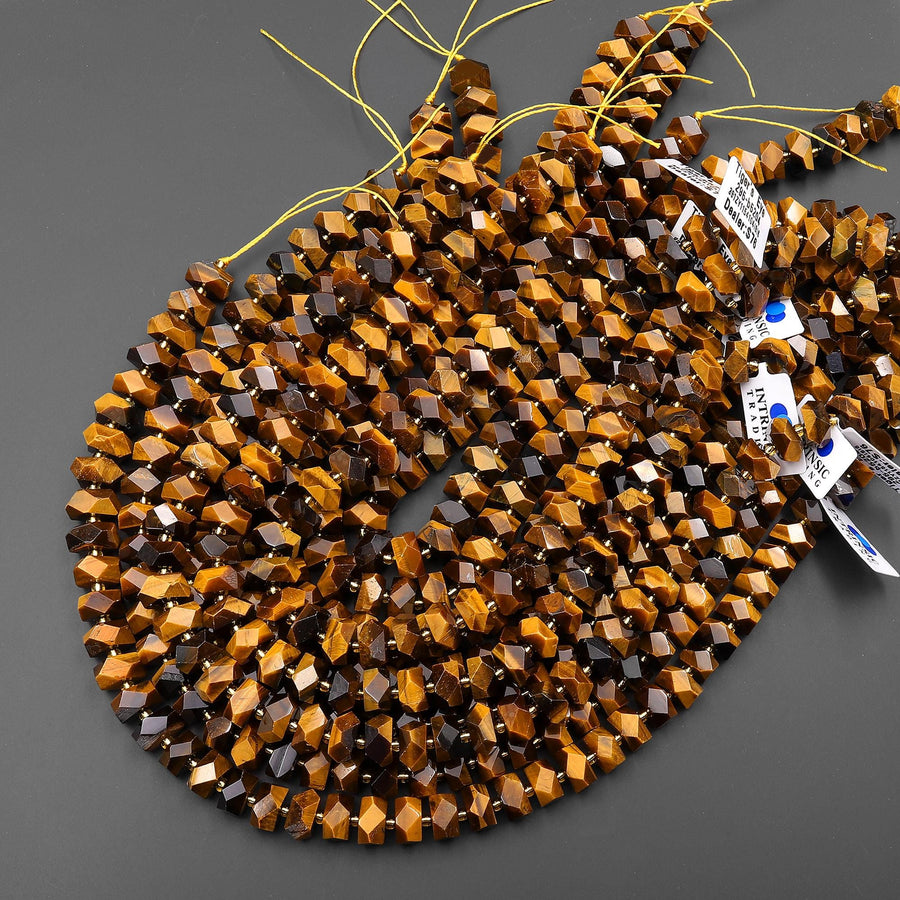 AAA Faceted Natural Tiger's Eye Chiseled Geometric Rectangle Nugget Rondelle Beads 12mm 15.5" Strand