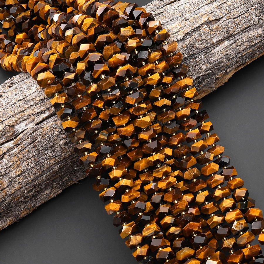 AAA Faceted Natural Tiger's Eye Chiseled Geometric Rectangle Nugget Rondelle Beads 12mm 15.5" Strand