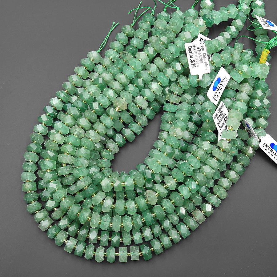 AAA Faceted Natural African Green Chalcedony Chiseled Geometric Rectangle Nugget Rondelle Beads 12mm 15.5" Strand