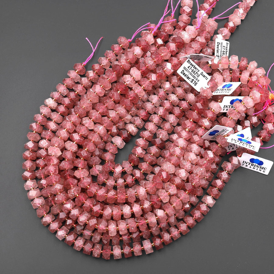 AAA Faceted Natural Strawberry Quartz Chiseled Geometric Rectangle Nugget Rondelle Beads 12mm 15.5" Strand