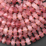 AAA Faceted Natural Strawberry Quartz Chiseled Geometric Rectangle Nugget Rondelle Beads 12mm 15.5" Strand