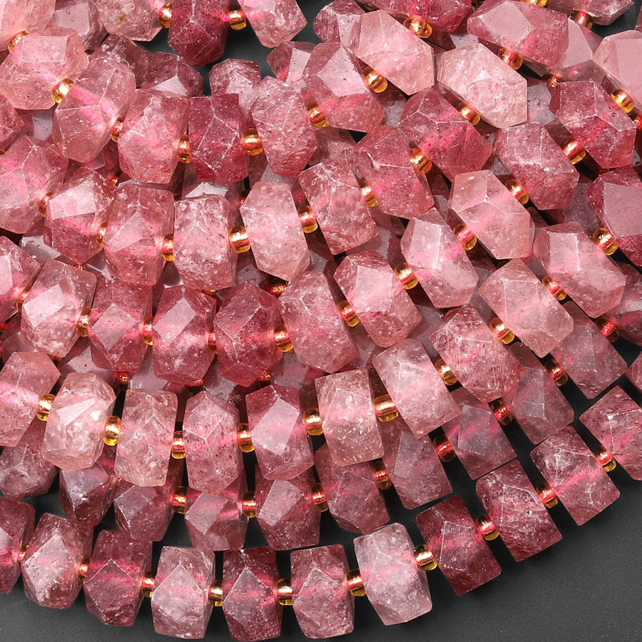 AAA Faceted Natural Strawberry Quartz Chiseled Geometric Rectangle Nugget Rondelle Beads 12mm 15.5" Strand