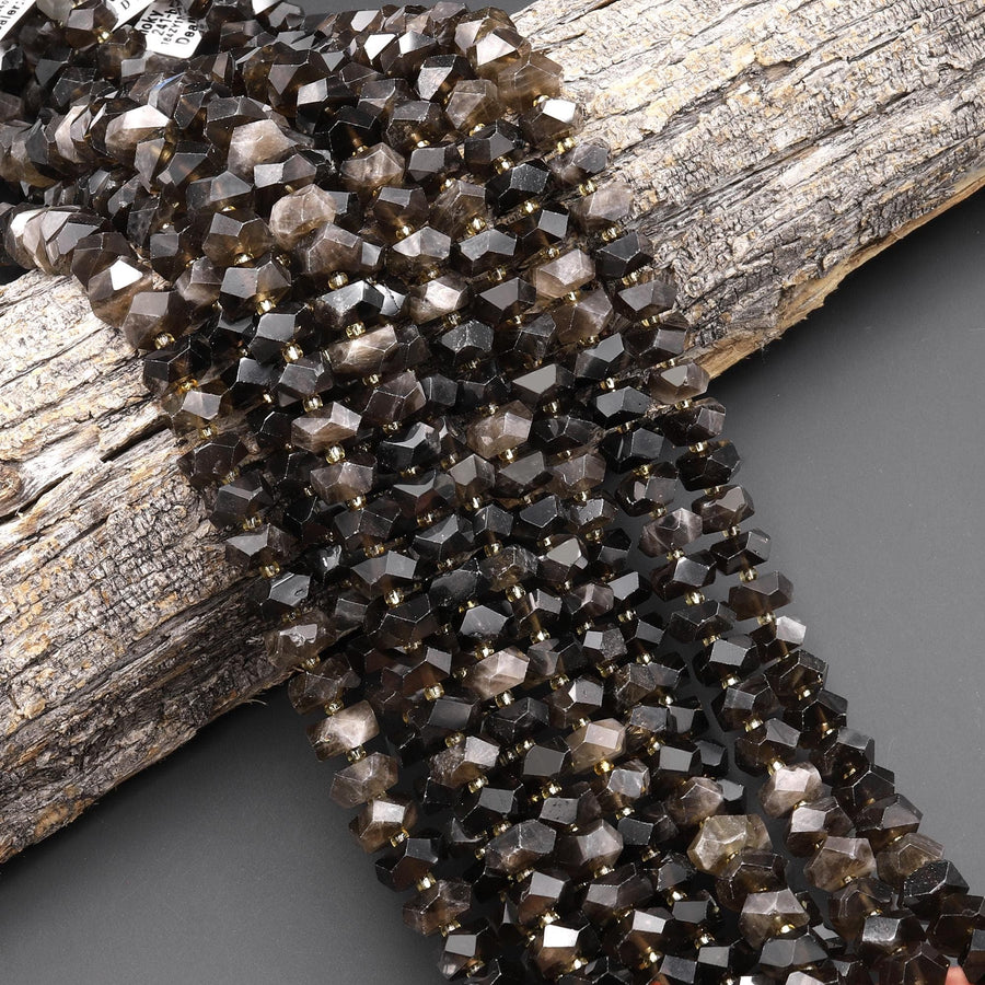 AAA Faceted Natural Smoky Quartz Chiseled Geometric Rectangle Nugget Rondelle Beads 12mm 15.5" Strand