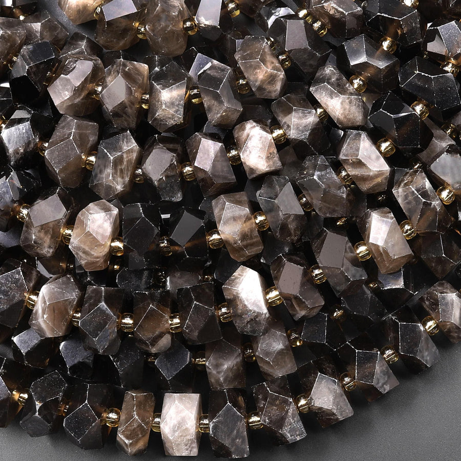 AAA Faceted Natural Smoky Quartz Chiseled Geometric Rectangle Nugget Rondelle Beads 12mm 15.5" Strand
