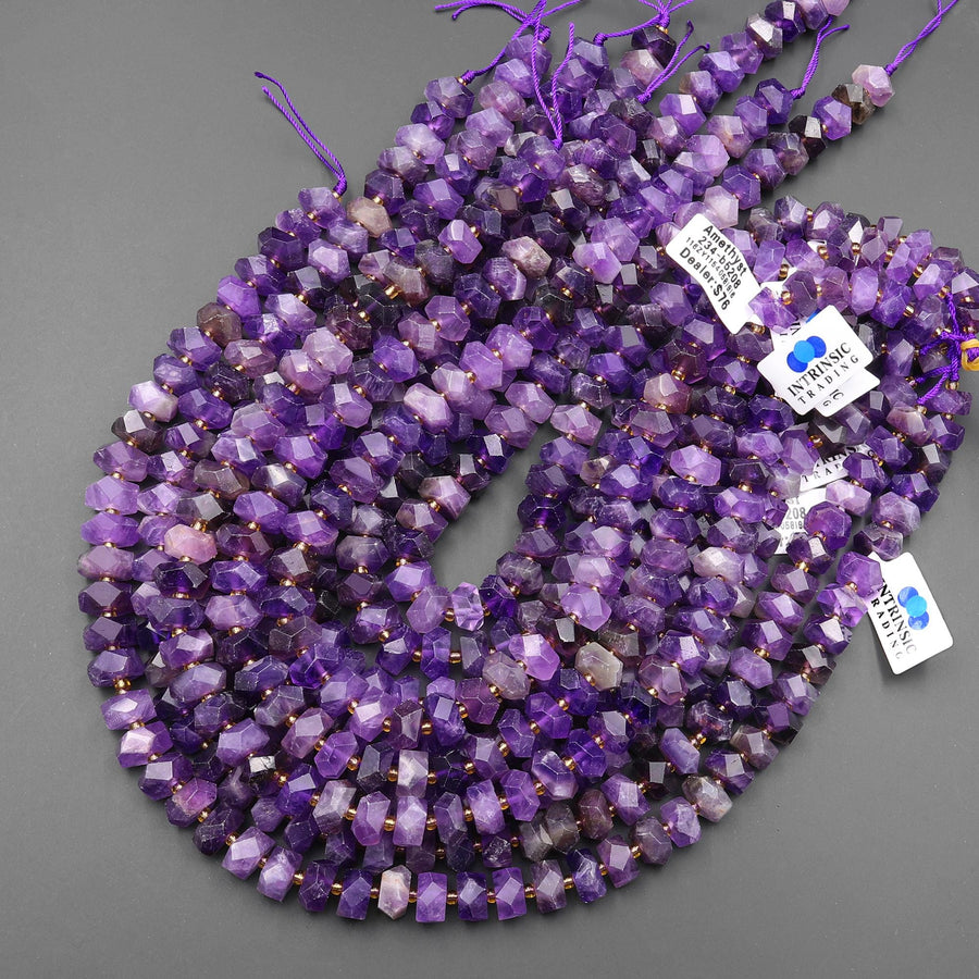 AAA Faceted Natural Purple Amethyst Chiseled Geometric Rectangle Nugget Rondelle Beads 12mm 15.5" Strand
