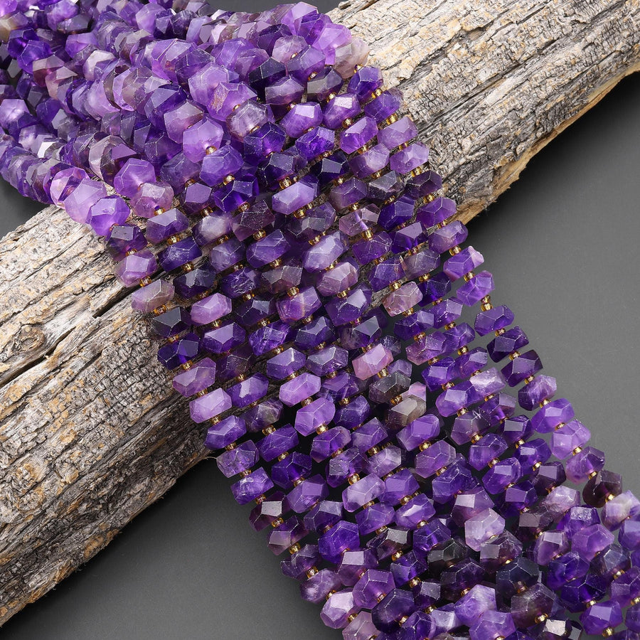 AAA Faceted Natural Purple Amethyst Chiseled Geometric Rectangle Nugget Rondelle Beads 12mm 15.5" Strand