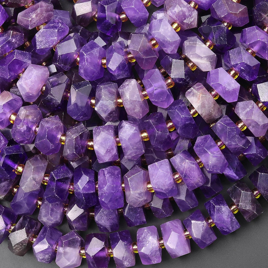 AAA Faceted Natural Purple Amethyst Chiseled Geometric Rectangle Nugget Rondelle Beads 12mm 15.5" Strand