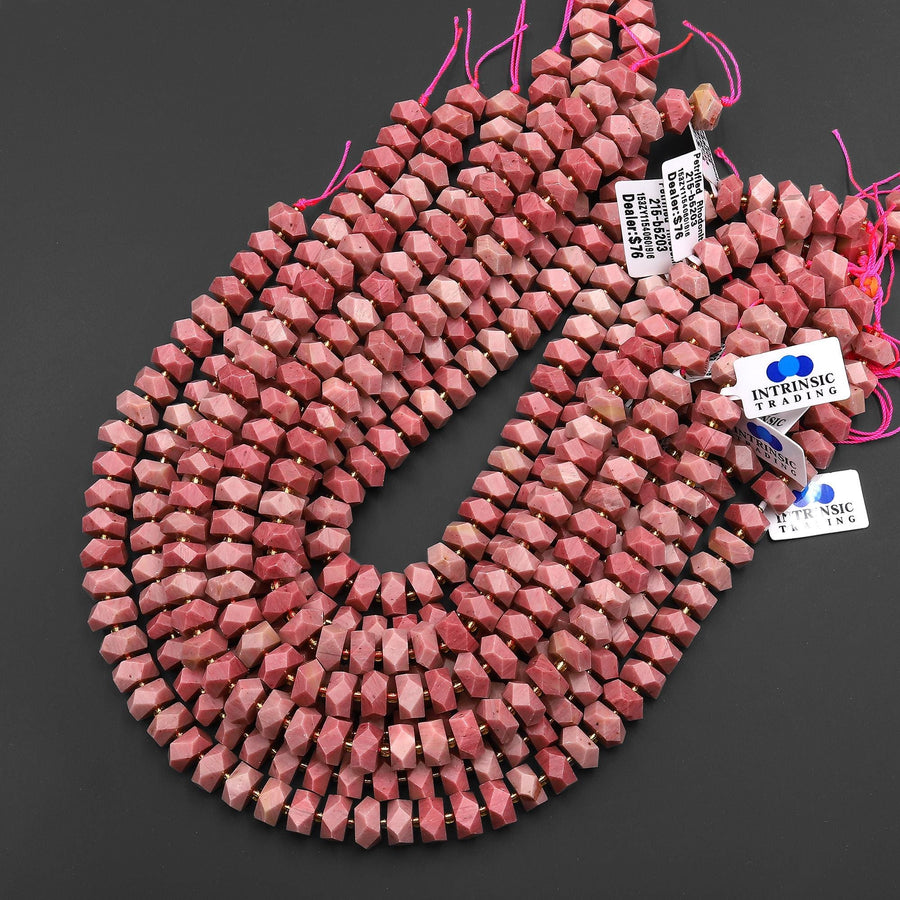 AAA Faceted Natural Petrified Pink Rhodonite Chiseled Geometric Rectangle Nugget Rondelle Beads 12mm 15.5" Strand