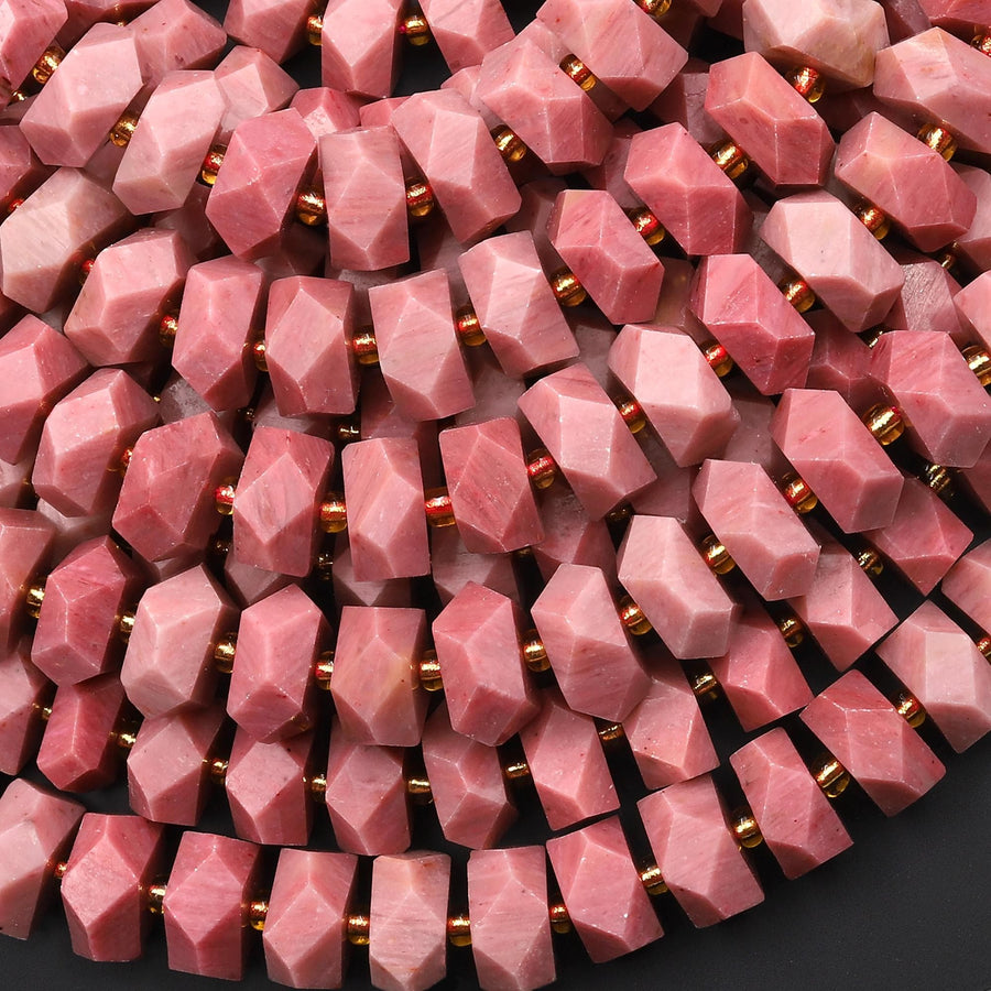 AAA Faceted Natural Petrified Pink Rhodonite Chiseled Geometric Rectangle Nugget Rondelle Beads 12mm 15.5" Strand