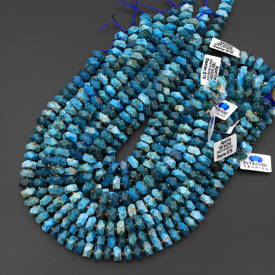 AAA Faceted Natural Blue Apatite Chiseled Geometric Rectangle Nugget Rondelle Beads 12mm 15.5" Strand