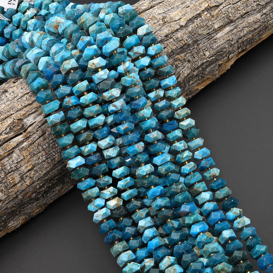 AAA Faceted Natural Blue Apatite Chiseled Geometric Rectangle Nugget Rondelle Beads 12mm 15.5" Strand