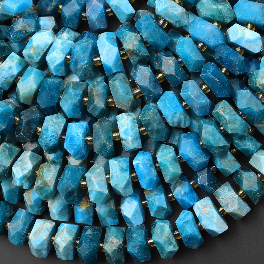 AAA Faceted Natural Blue Apatite Chiseled Geometric Rectangle Nugget Rondelle Beads 12mm 15.5" Strand
