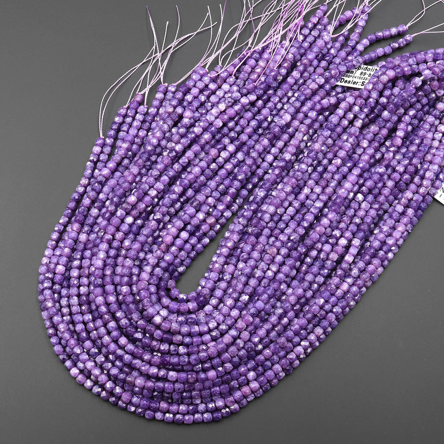 AAA Natural Purple Lepidolite Faceted 4mm Cube Square Beads 15.5" Strand
