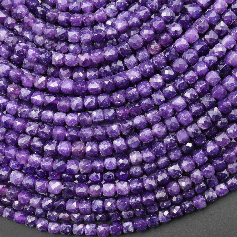 AAA Natural Dark Purple Lepidolite Faceted 4mm Cube Square Beads 15.5" Strand b5256