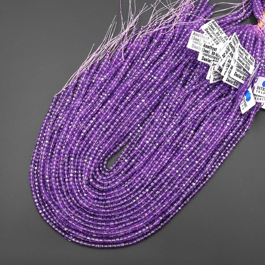 AAA Natural Lilac Purple Amethyst 3mm Faceted Cube Gemstone Beads 15.5" Strand