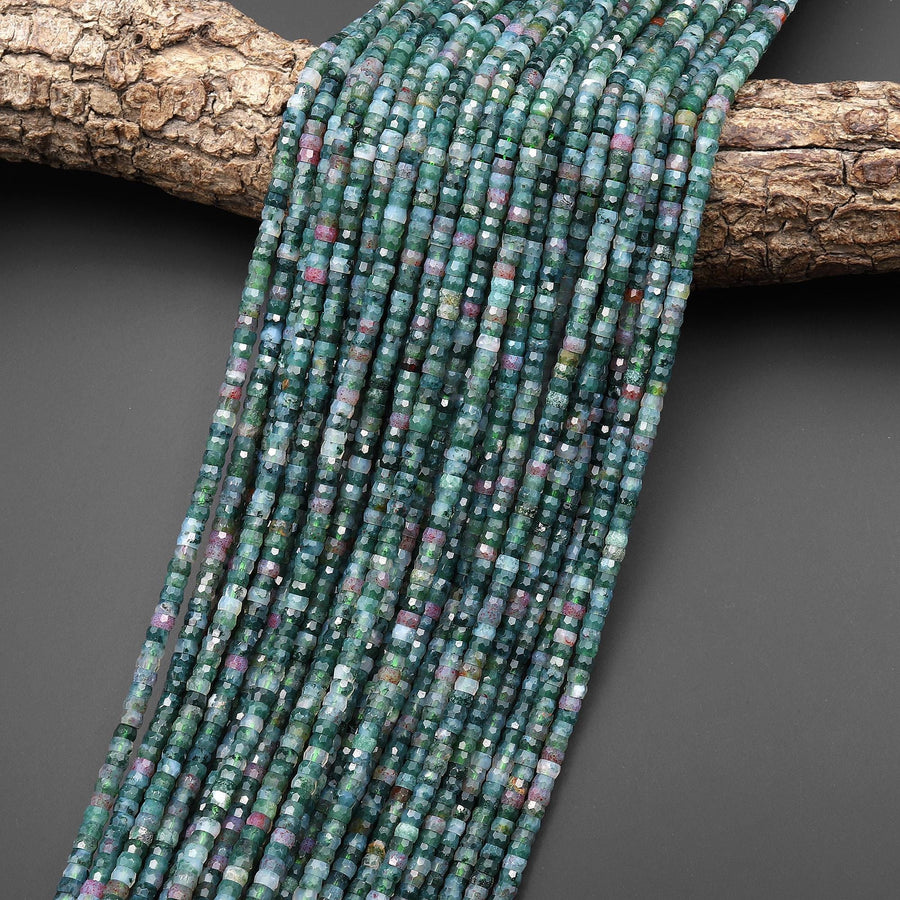 Faceted Natural Blue Green Indian Agate Heishi Rondelle Beads 5mm 15" Strand