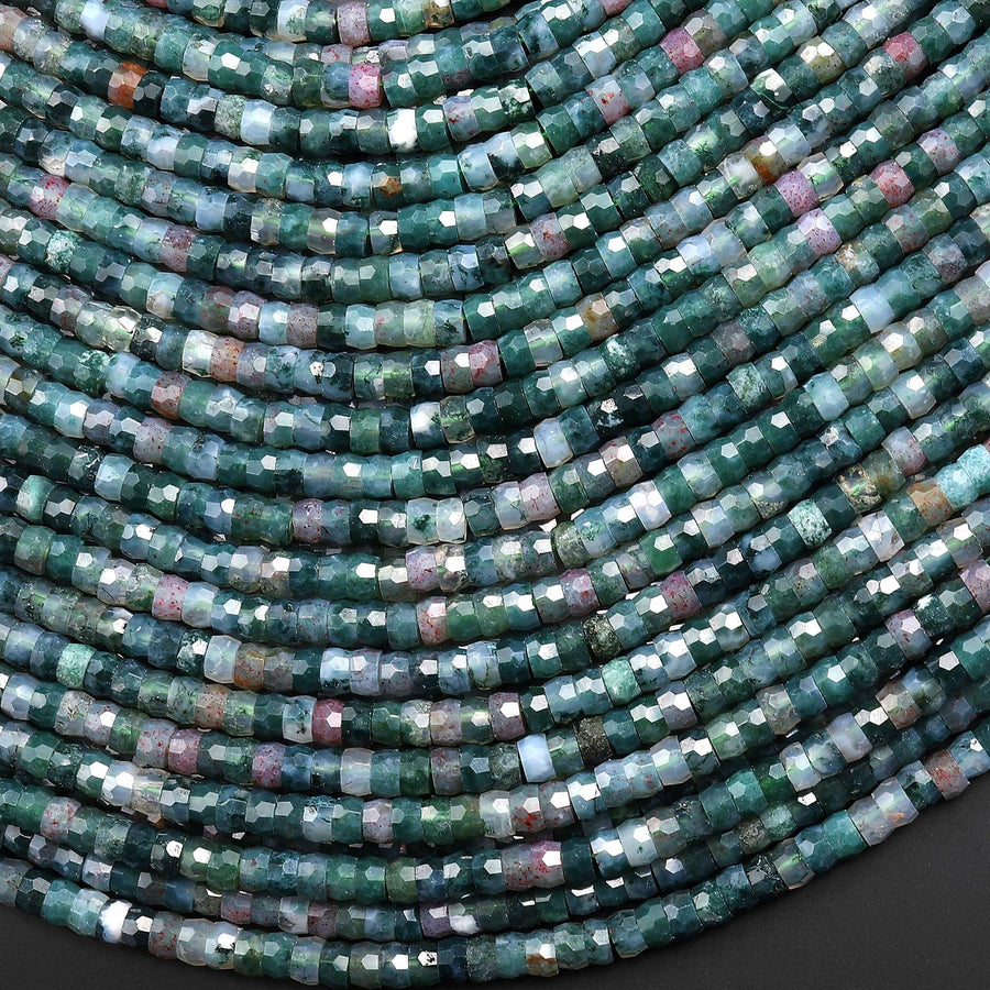 Faceted Natural Blue Green Indian Agate Heishi Rondelle Beads 5mm 15" Strand