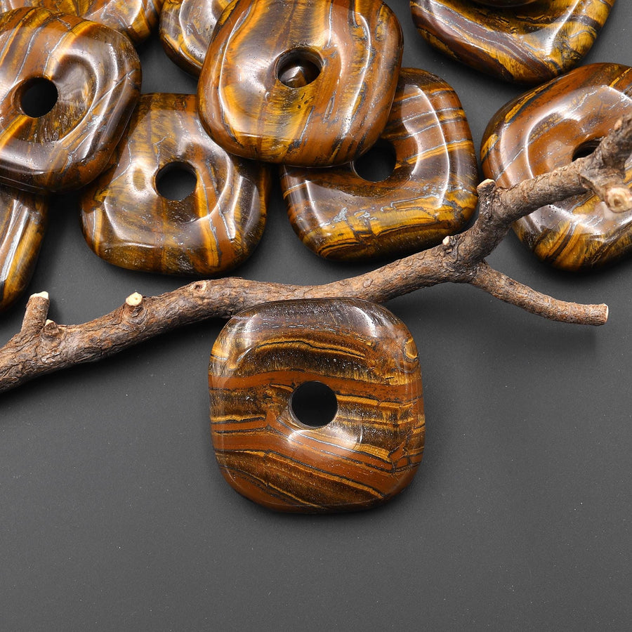 AAA Natural Tiger Iron Square Donut Pendant 30mm