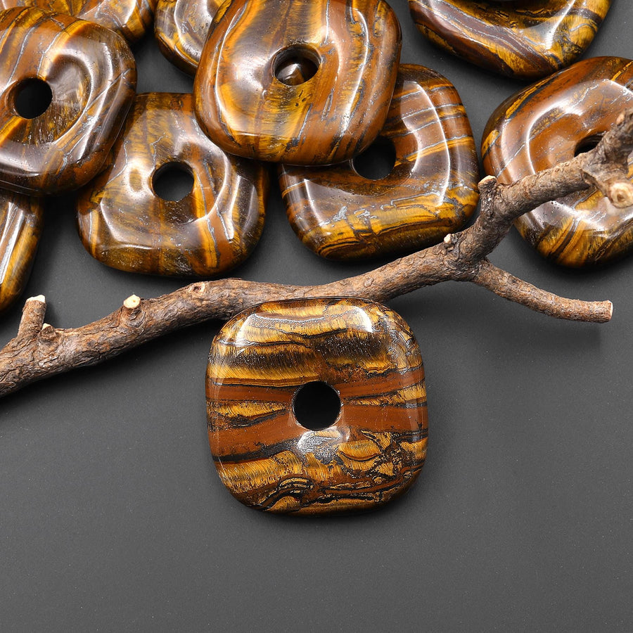 AAA Natural Tiger Iron Square Donut Pendant 30mm