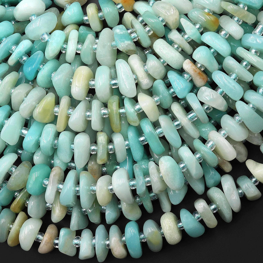 Natural Sea Blue Amazonite Freeform Center Drilled Rondelle Nugget Beads 15.5" Strand