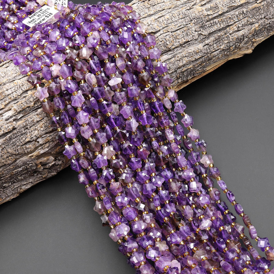 Faceted Natural Purple Amethyst Beads 8mm Carved Star Gemstone 14.5" Strand