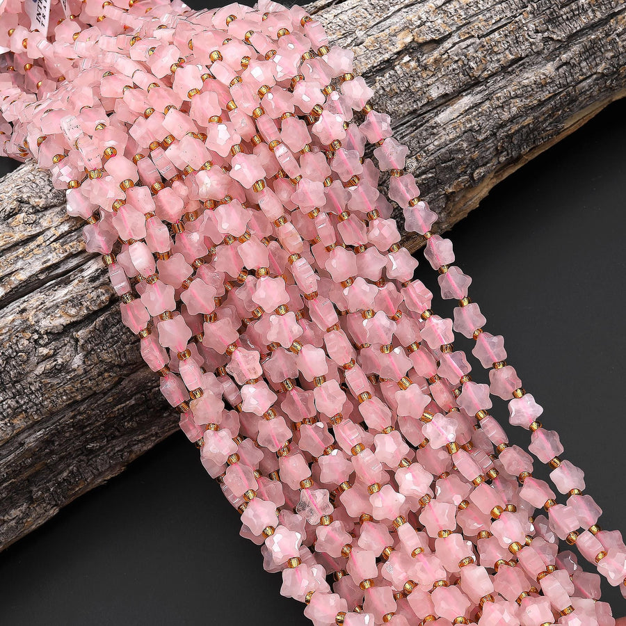 Faceted Natural Pink Rose Quartz Beads 8mm Carved Star Gemstone 14.5" Strand