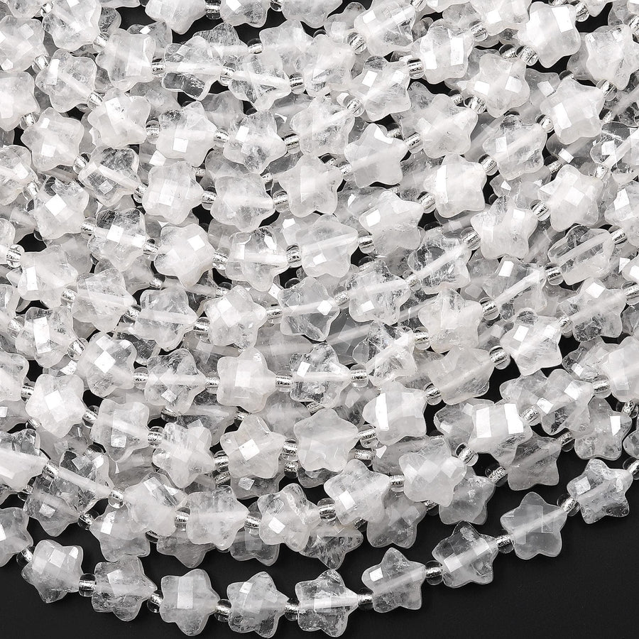 Faceted Natural Rock Crystal Quartz Beads 8mm Carved Star Gemstone 14.5" Strand