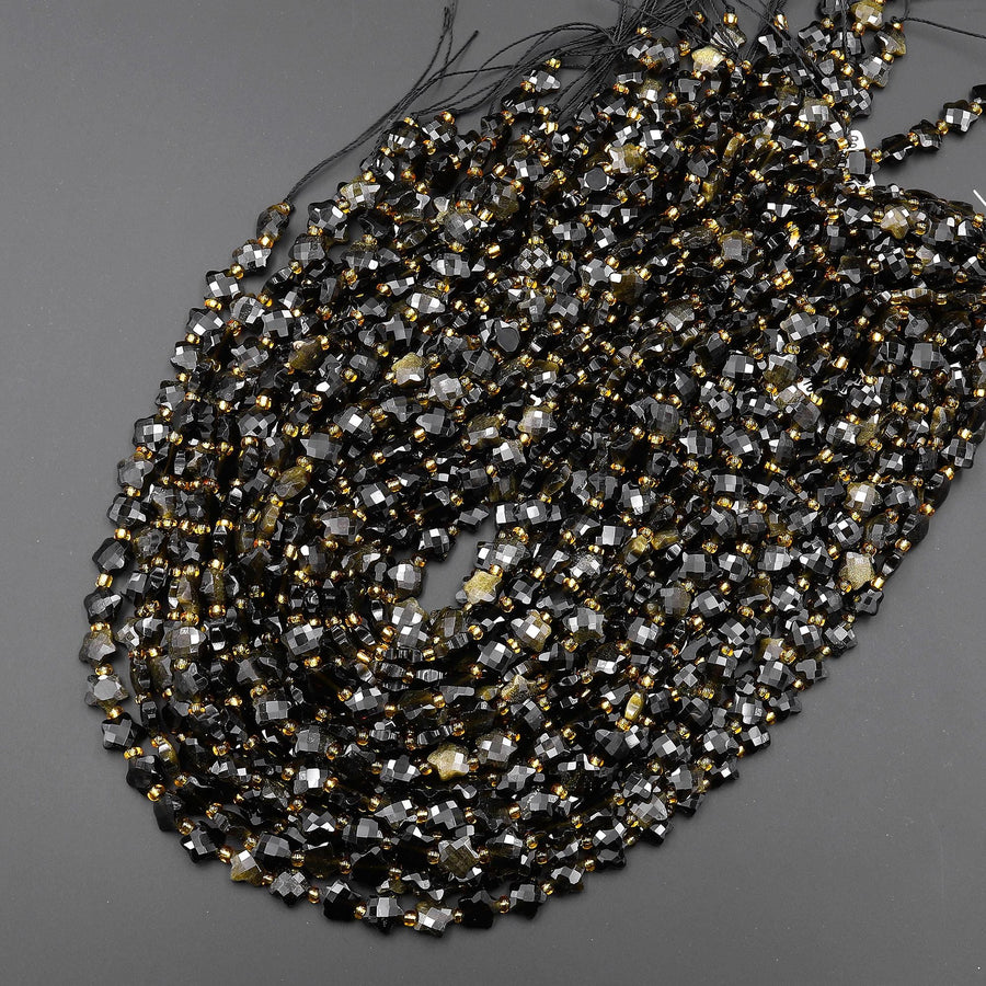 Faceted Natural Golden Obsidian Beads 8mm Carved Star Gemstone 14.5" Strand