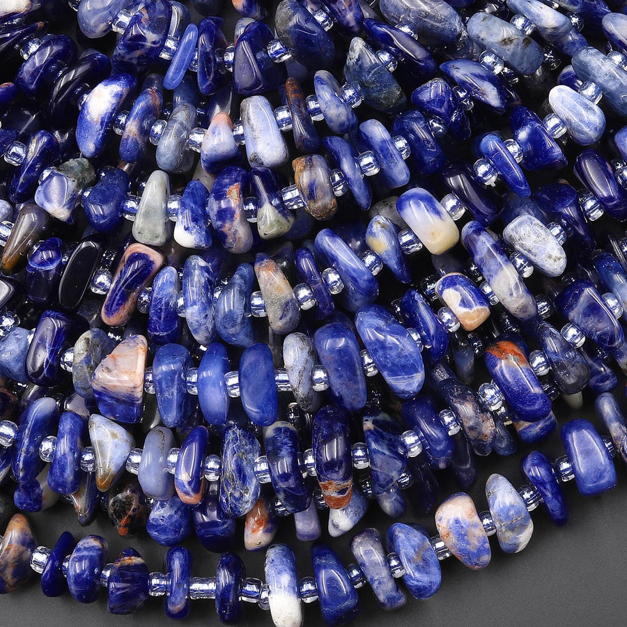 Natural Blue Orange Sodalite Freeform Center Drilled Rondelle Nugget Beads Gemstone 15.5" Strand