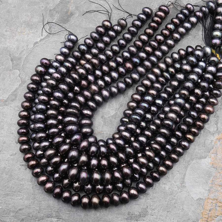 Large Genuine Smoky Black Champagne Freshwater Pearl 12mm 14mm Rondelle Beads Metallic Luster 15.5" Strand