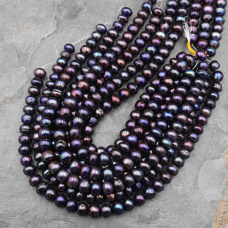 Large Genuine Dark Peacock Black Multicolor Freshwater Pearl 12mm 14mm Rondelle Beads Metallic Luster 15.5" Strand