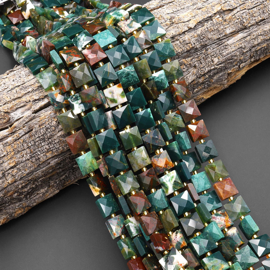 AAA Faceted Natural Indian Bloodstone 10mm Flat Square Cushion Gemstone Beads 15.5" Strand